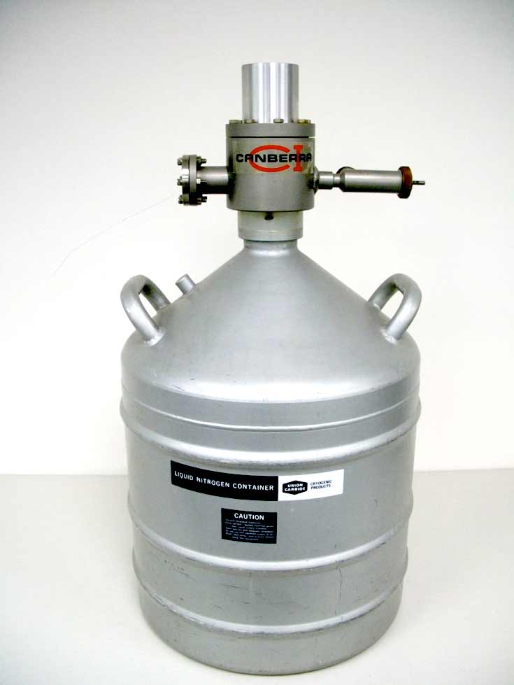 The prototype Model 7500 Cryostat with the Canberra logo in Detector Division red
